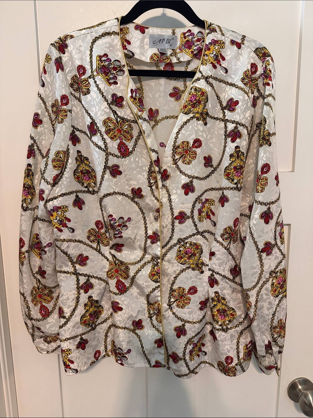 Vintage 90s Satin White Button-Front Blouse Gold Floral Chain Print
